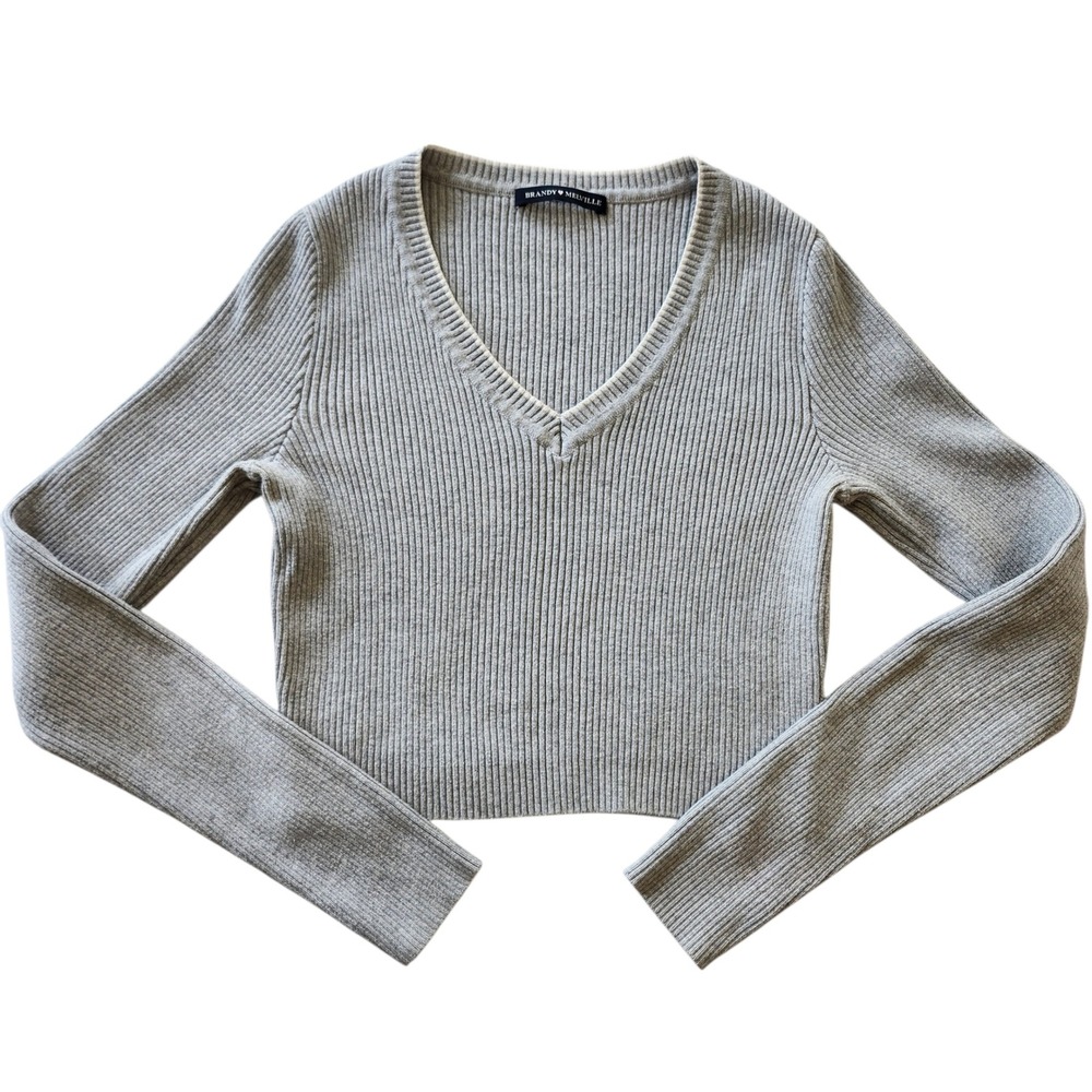 Brandy Melville MNJ067 Gray Ribbed V-Neck Cropped Long Sleeve Top Shirt XS